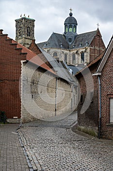 Grimbergen, Flemish Brabant Region - Belgium - View over the old Abbey, residential houses and a cobble stone alley