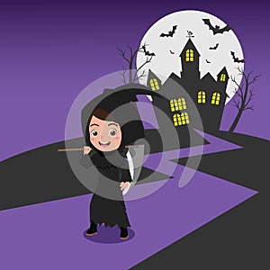 Cute Girl Wearing Grim Reaper Halloween Costume