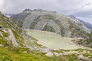 Grimsel Lake at Grimsel Pass in Switzerland. It connects the Hasli valley in the Bernese Oberland with Goms in Valais