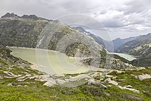 Grimsel Lake and RÃ¤terichsboden Lake at Grimsel Pass in Switzerland. It connects the Hasli valley in the Bernese Oberland with