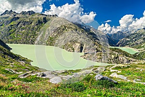 Grimselpass with lakes and high mountains, Grimselsee lake, Switzerland, Europe