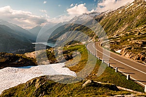 Grimselpass view of road, Alps, Raterichsbodensee