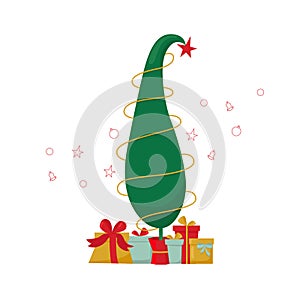 Grinch Christmas tree and gift boxes. Vector stock illustration isolated on white background for template design