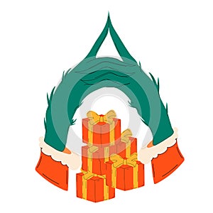 Grinch\'s hands are folded together over gifts on isolated background