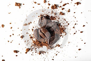 Grind coffee and beans on white background