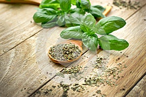 Grind, milled dry basil and fresh organic basil