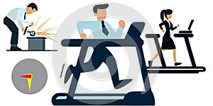 Daily grind treadmill clock office hours vector graphics illustration