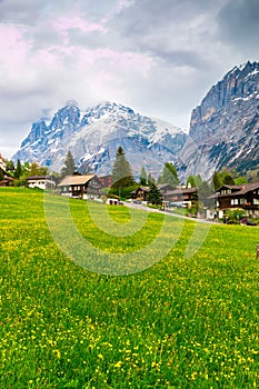 Grindelwald valley with village scattered on the green slopes o