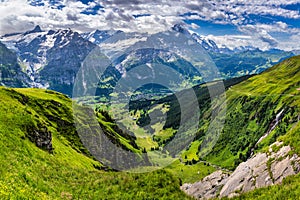 Grindelwald view and summer Swiss Alps mountains panorama landscape, green fields and high peaks in background, Switzerland,