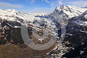 Grindelwald with Wetterhorn Mittelhorn Swiss Alps mountains Switzerland aerial view photography