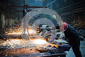 Grinding in a steel factory. Worker with a big saw cutting metal.