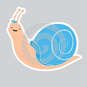 Grinning cartoon snail boy on a gray background. Light blue forelock and shell. Nursery art. Use as sticker book or