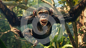 A grinning chimpanzee swinging through the trees using its long arms to exee an impressive king dancer pose