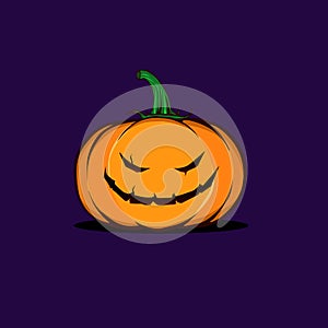 Grinning Halloween Pumpkin on spooky dark background.