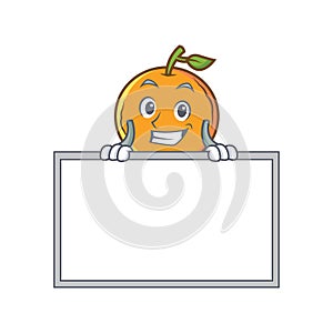 Grinning orange fruit cartoon character with board