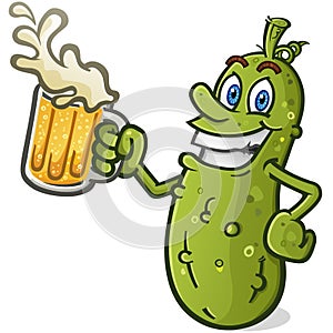 Grinning pickle cartoon character holding a huge mug of beer