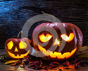 Grinning pumpkin lantern or jack-o`-lantern.