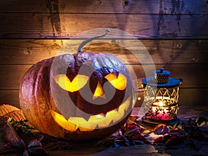 Grinning pumpkin lantern or jack-o`-lantern is one of the symbol