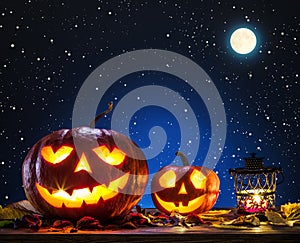 Grinning pumpkin lantern or jack-o`-lantern is one of the symbol