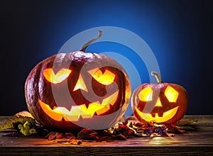 Grinning pumpkin lantern or jack-o`-lantern is one of the symbols of Halloween. Halloween attribute