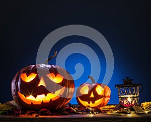 Grinning pumpkin lantern or jack-o`-lantern is one of the symbols of Halloween. Halloween attribute