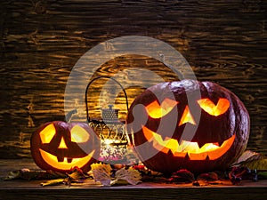 Grinning pumpkin lantern or jack-o`-lantern is one of the symbols of Halloween. Halloween attribute