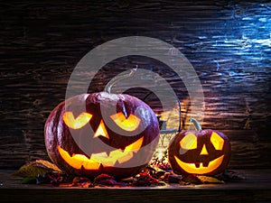 Grinning pumpkin lantern or jack-o`-lantern is one of the symbols of Halloween. Halloween attribute