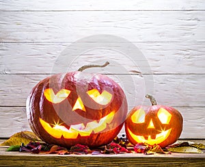 Grinning pumpkin lantern or jack-o`-lantern is one of the symbols of Halloween. Halloween attribute