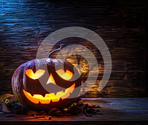 Grinning pumpkin lantern or jack-o-lantern is one of the symbols of Halloween. Halloween attribute.