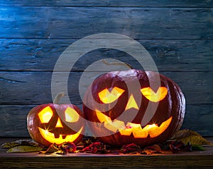 Grinning pumpkin lantern or jack-o-lantern is one of the symbols of Halloween. Halloween attribute