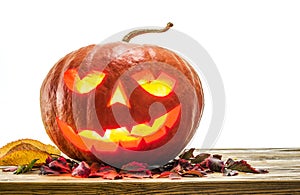 Grinning pumpkin lantern or jack-o-lantern is one of the symbols of Halloween. Halloween attribute