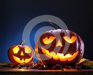 Grinning pumpkin lantern or jack-o`-lantern is one of the symbols of Halloween. Halloween attribute