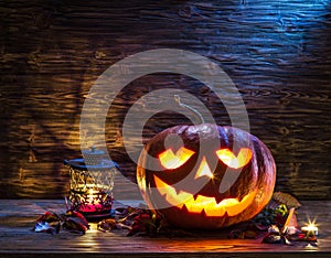 Grinning pumpkin lantern or jack-o`-lantern is one of the symbols of Halloween. Halloween attribute