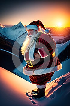 Grinning Santa on snow caped mountain at sunset