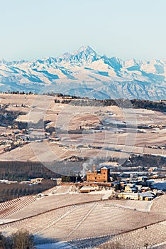 Grinzane Cavour Castle and mountains in northern italy, langhe r