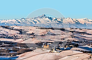 Grinzane Cavour Castle and mountains in northern italy, langhe r