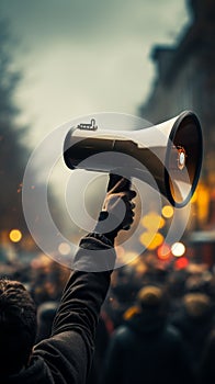 Gripping megaphone with conviction, amplifying voice in powerful protest demonstration