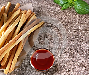 Grissini breadsticks with sauces