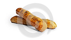 Grissini on a white background. Fresh breadsticks.