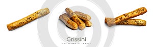 Grissini on a white background. Fresh breadsticks.