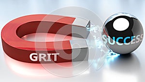 Grit helps achieving success - pictured as word Grit and a magnet, to symbolize that Grit attracts success in life and business,