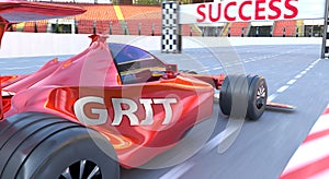 Grit and success - pictured as word Grit and a f1 car, to symbolize that Grit can help achieving success and prosperity in life
