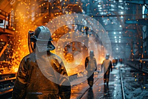 the gritty atmosphere of a steel mill with workers in protective gear amidst showers of sparks