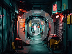 Gritty cyberpunk alley with neon sign