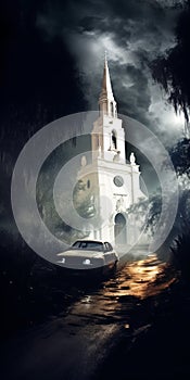 Gritty Elegance: A Haunting Urban Scene Of An Old Church And Car