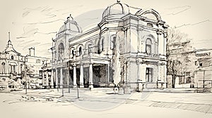 Gritty Reportage Sketch Of Theatrical Barroco Building In Wine Country Italy