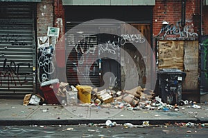 A gritty urban street cluttered with overflowing garbage bins and graffiti, depicting the neglect and environmental photo