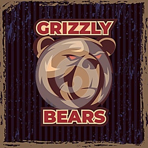 Grizzly bear. ads placard or poster with portrait of aggressive angry bear head