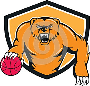 Grizzly Bear Angry Dribbling Basketball Shield Cartoon