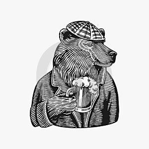 Grizzly Bear with a beer mug. Brewer with a glass cup. Fashion animal character. A wild beast in a newsboy s cap. Hand